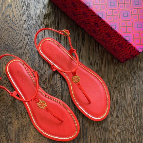 New Tory Burch Emmy Flats Soft Metal Logo Sandals - Picture 2 of 5